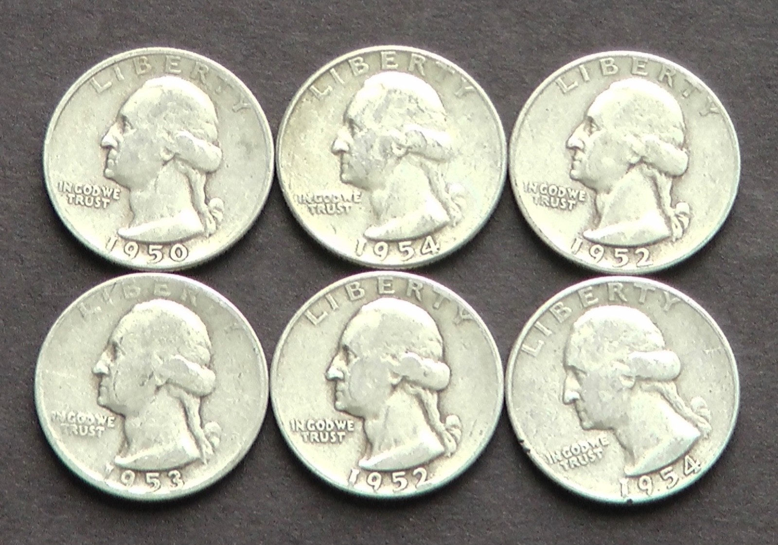 Six 1950’s Washington Quarters (S)