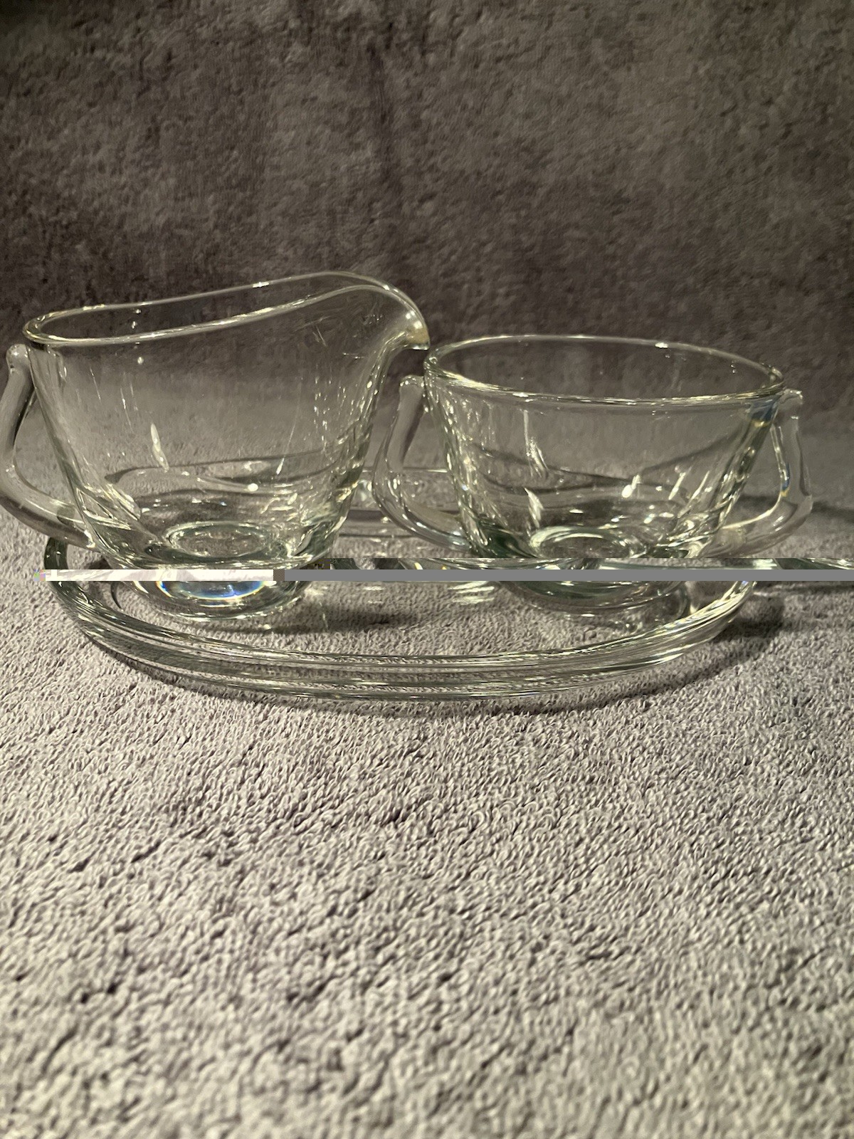 Vtg Clear Glass Pressed Creamer & Sugar Set with Handles and Tray 