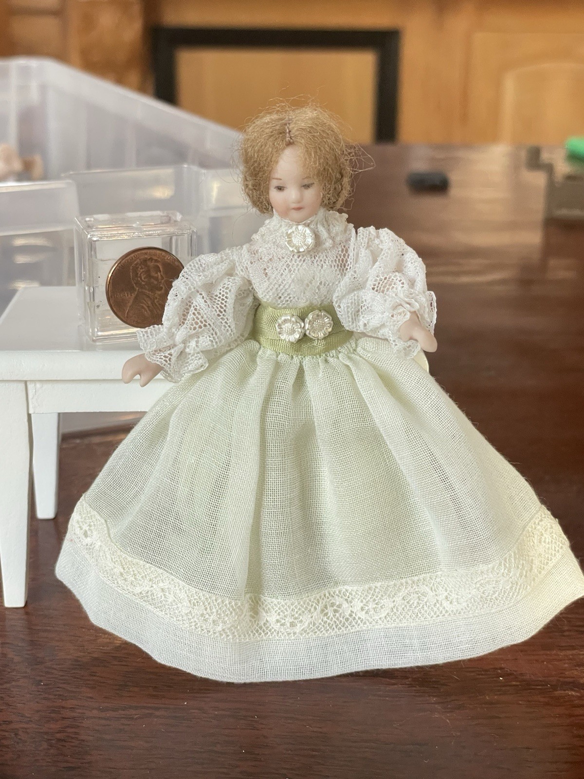 Dollhouse Miniature Artisan Porcelain Doll Handmade Victorian Lace Dress 5”