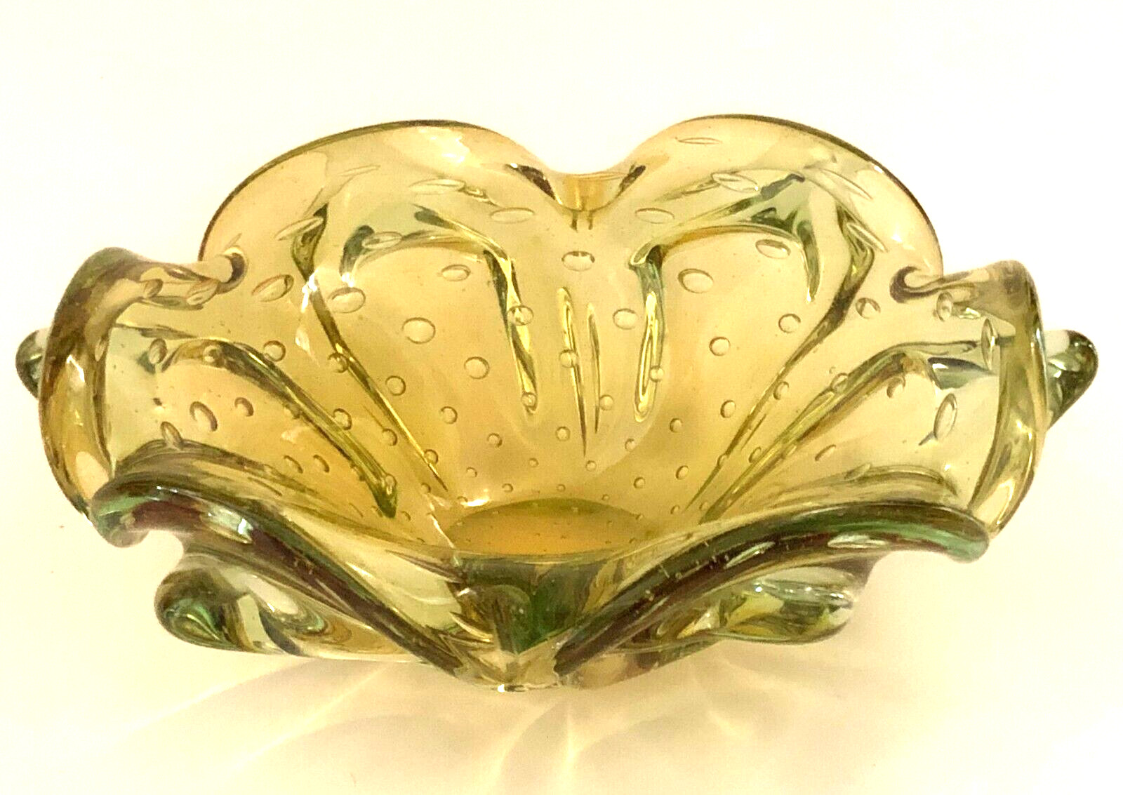 Murano Bowl Amber Yellow Controlled Bubbles Candy Dish Heavy Thick Art Glass