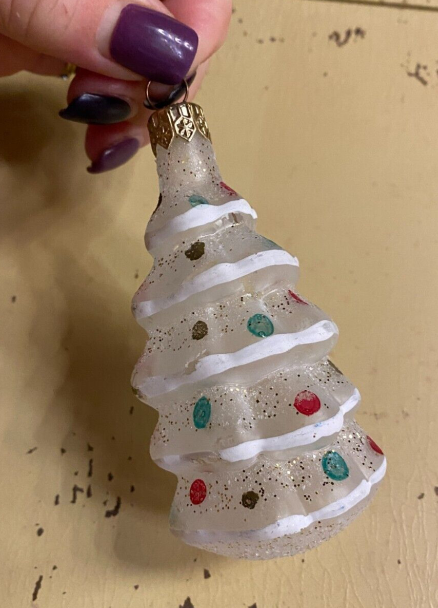 Vintage Blown Glass Clear Christmas Tree Glitter Christmas Ornament 4”