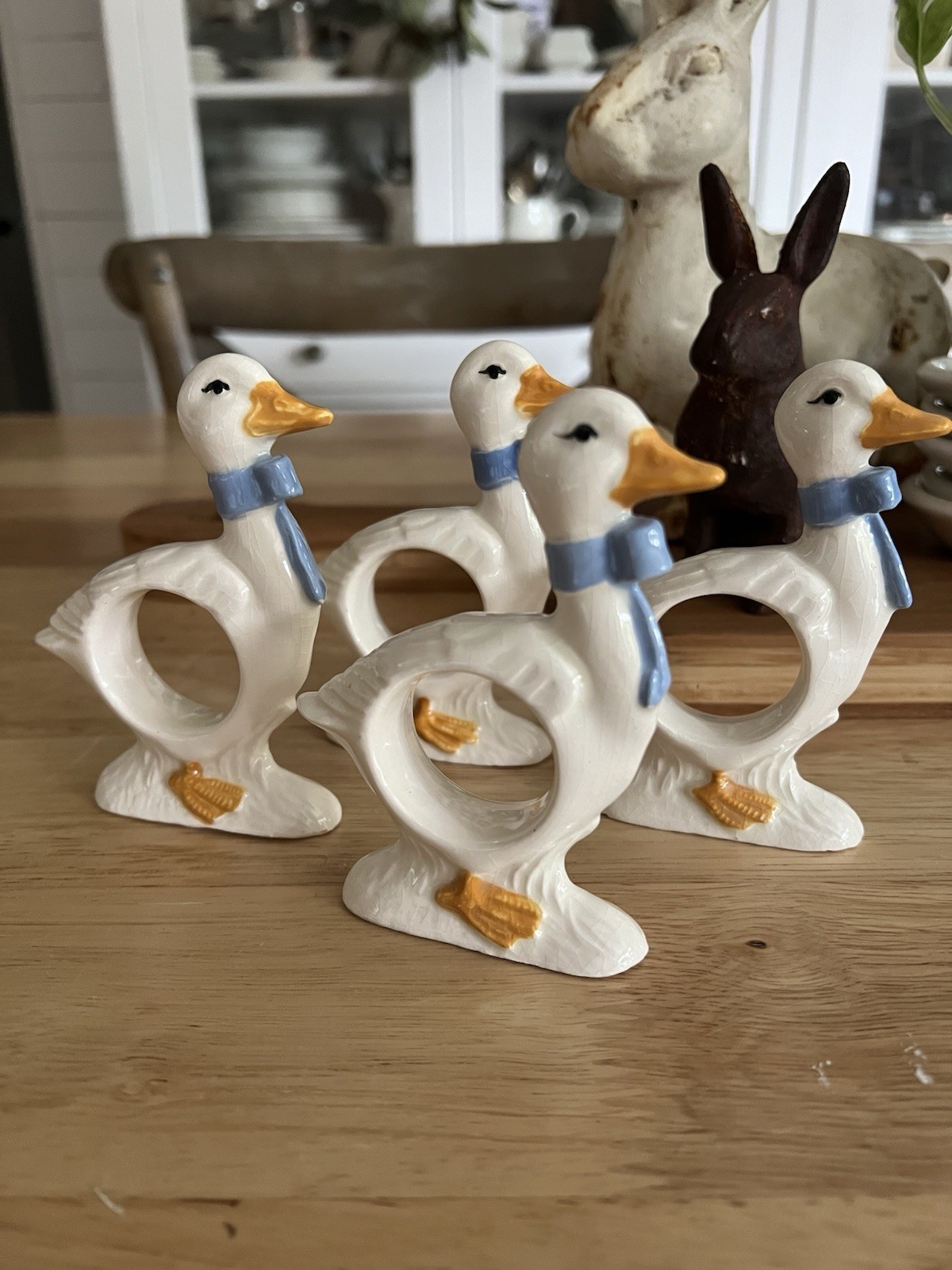 VTG Ceramic Duck Napkin Rings Set of 3 Hand Painted White Blue Ribbon Farmhouse