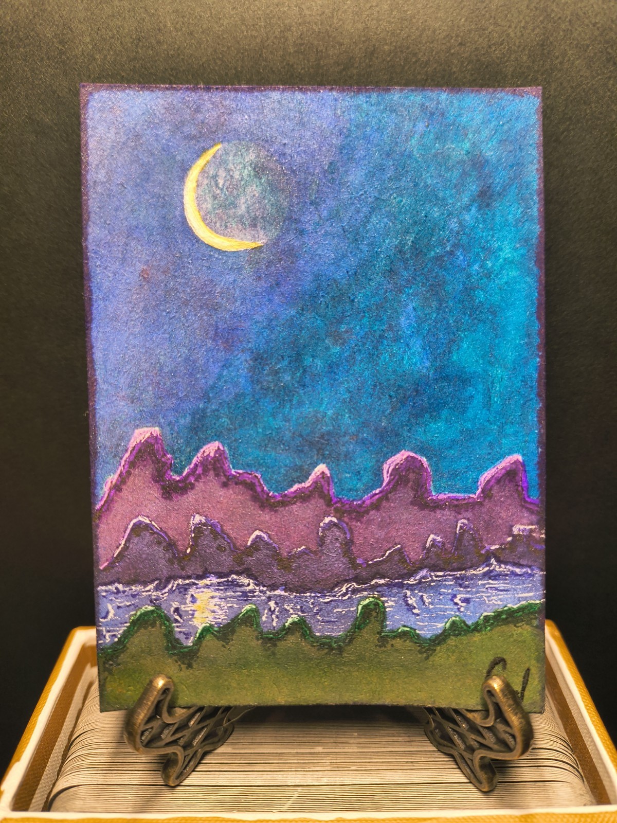 Crystal Valentine ACEO Waning Crescent Original Mini OOAK Landscape Moon Drawing