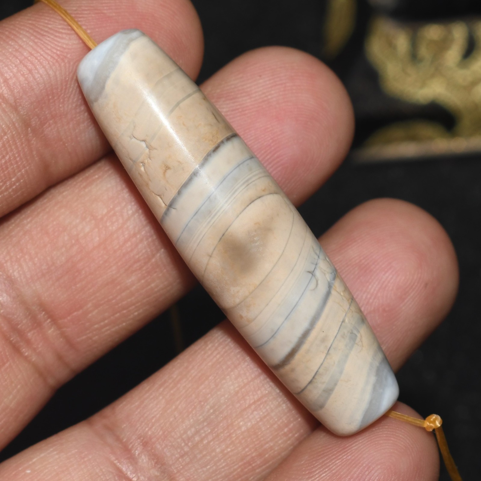 Large Antique Old Central Asian Banded Agate Stone Bead with Patina