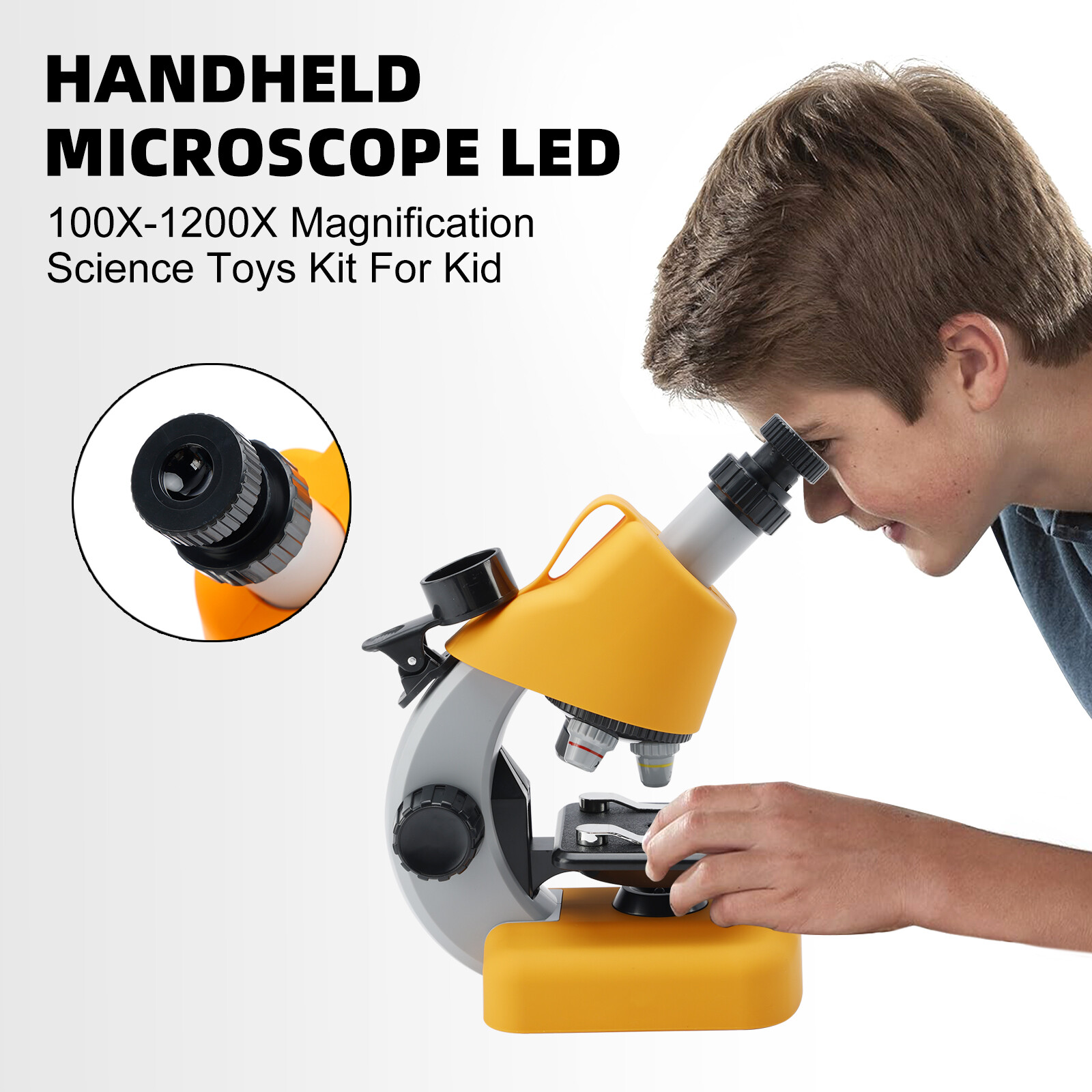 Handheld Microscope LED 100X-1200X Magnification Science Toys Kit For Kid Yellow