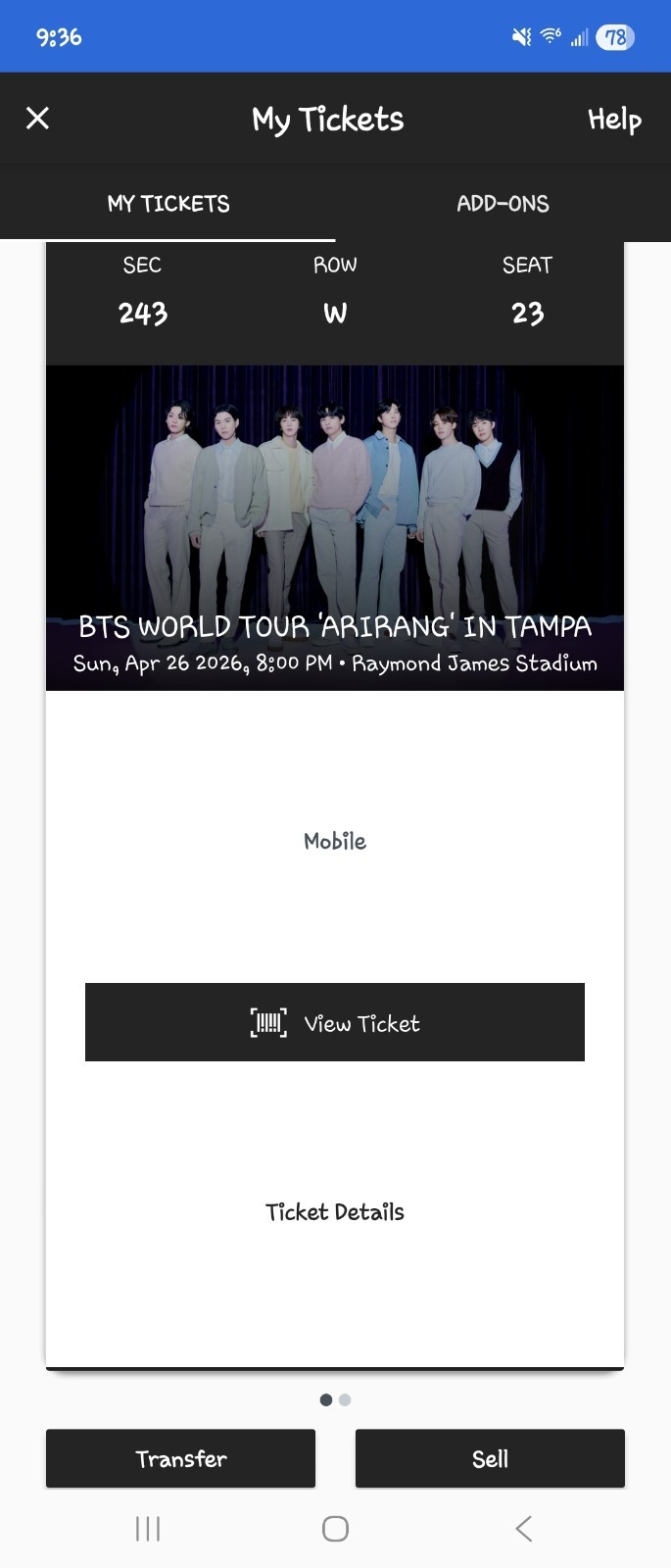 BTS ARIRANG Tampa 2 tickets: April 26th