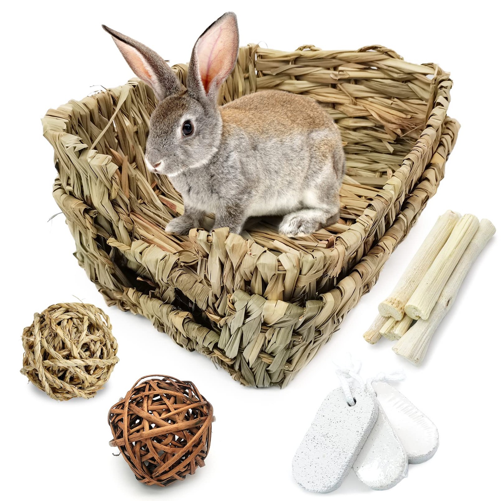 Rabbit Grass Bed for Bunny, 12 Pcs Pet Bunny Chew Toys Natural Hand-Made Wove...