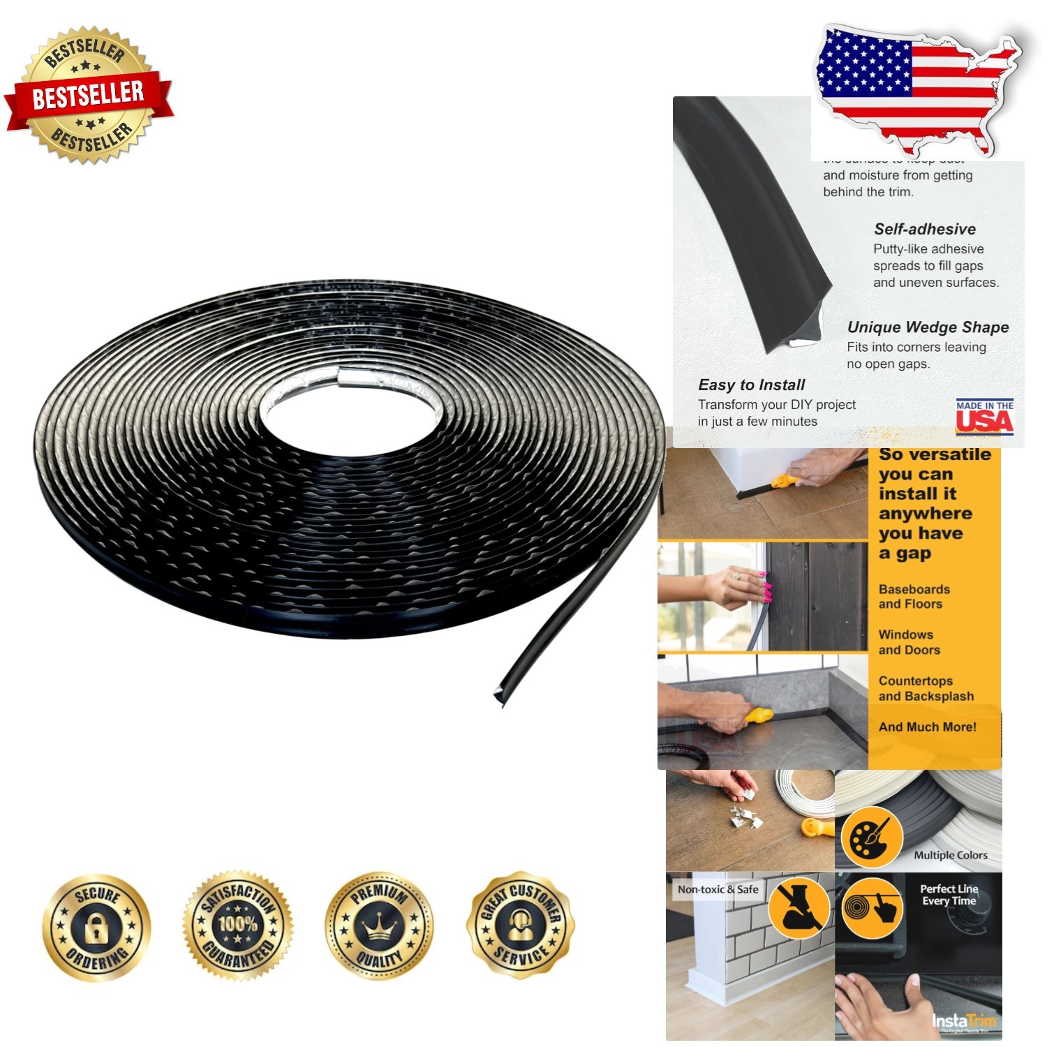USA Made 50ft 3/4" Black Flexible Caulk Tape - Water Resistant Seal