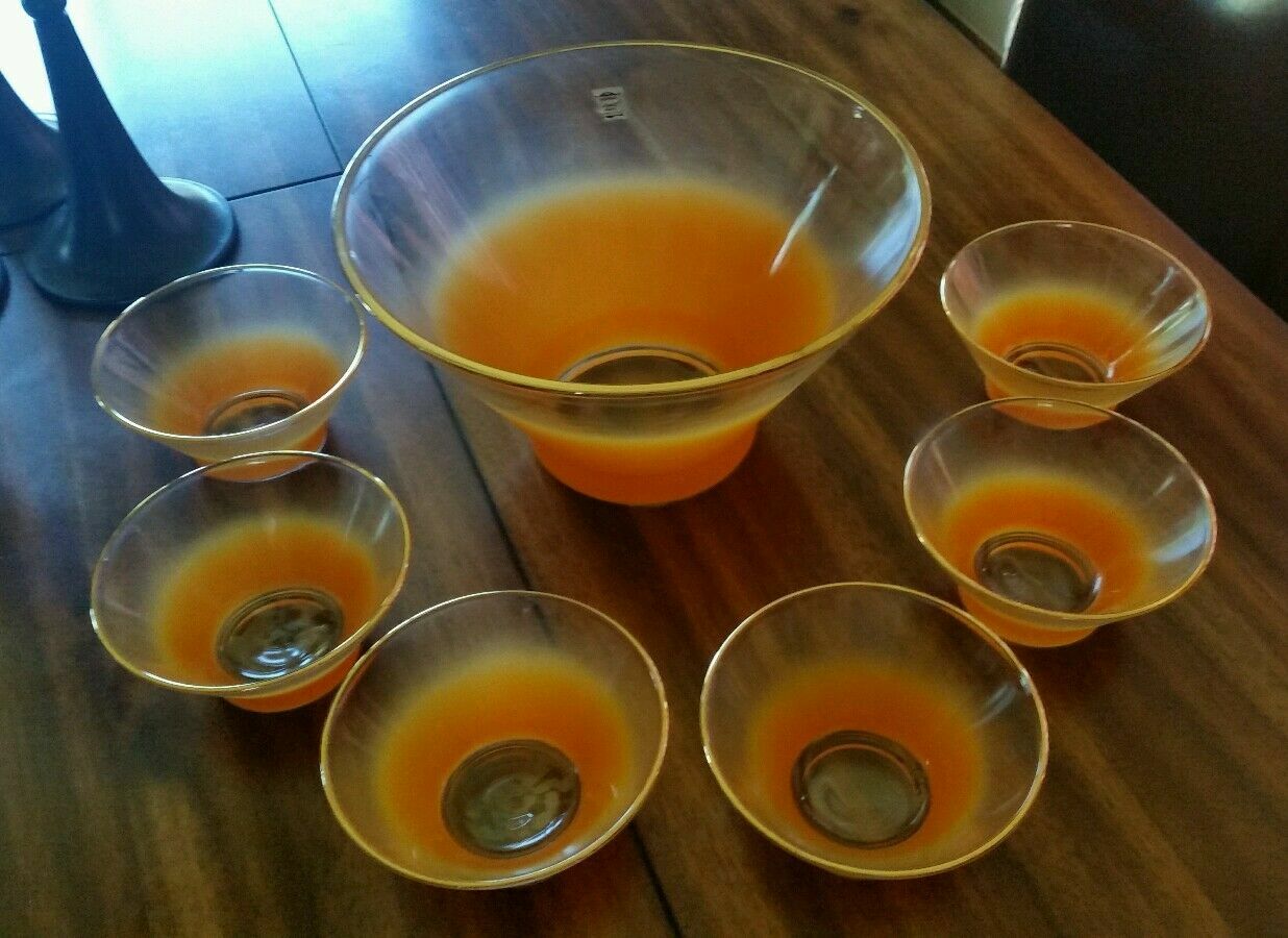 VINTAGE RETRO Handmade Orange  Colonial Glass  BOWL Salad Set 7 pieces