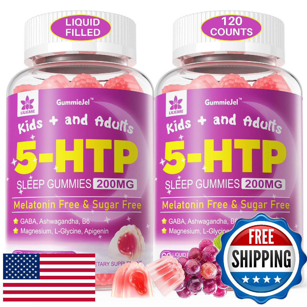 5HTP Gummies for Adults & Kids 8+, Melatonin Free Gummies with Magnesium Glycina