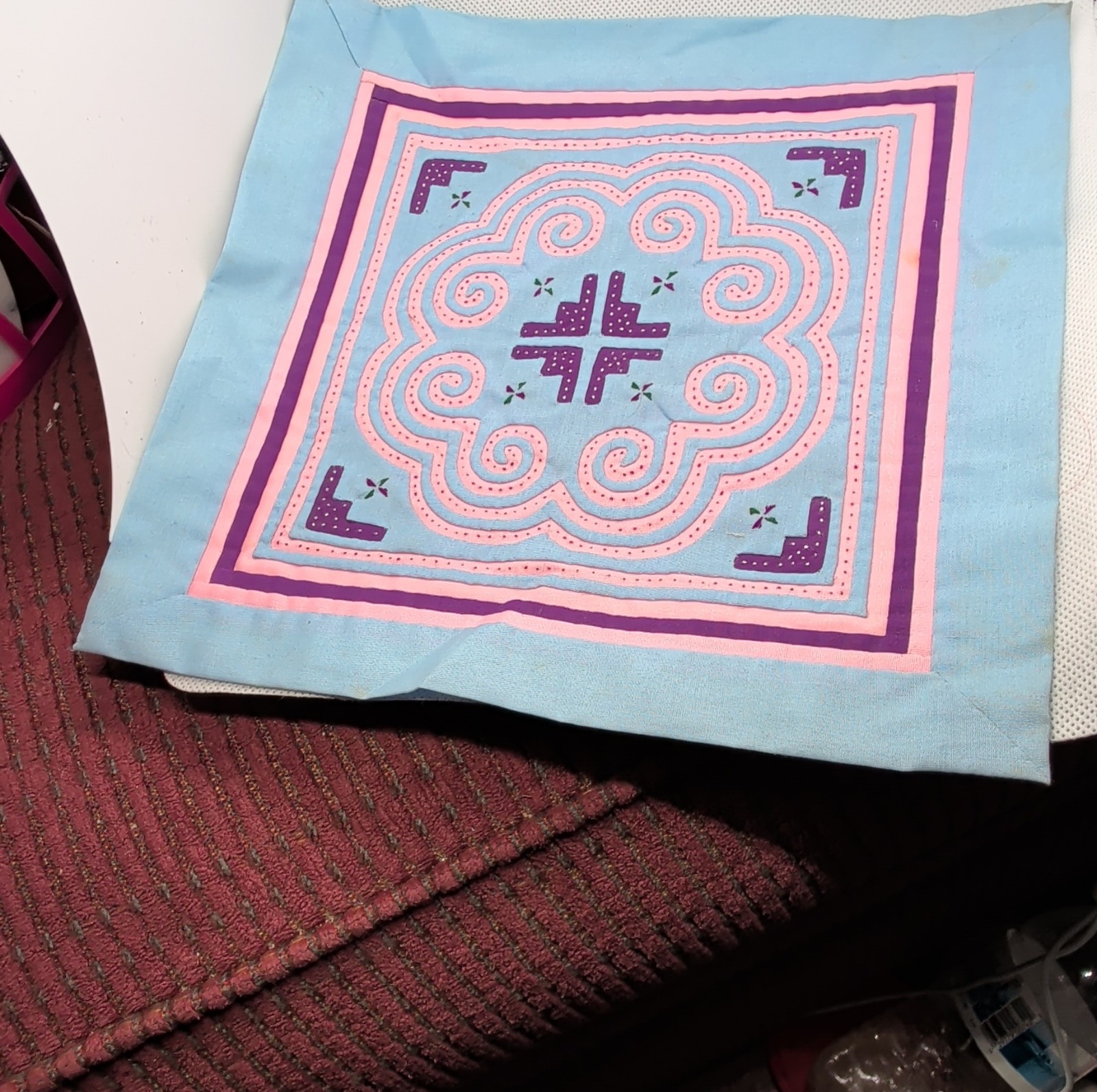 Handmade Small Abstract Embroidered Tapestry – Blue, Pink, Purple Textile Art