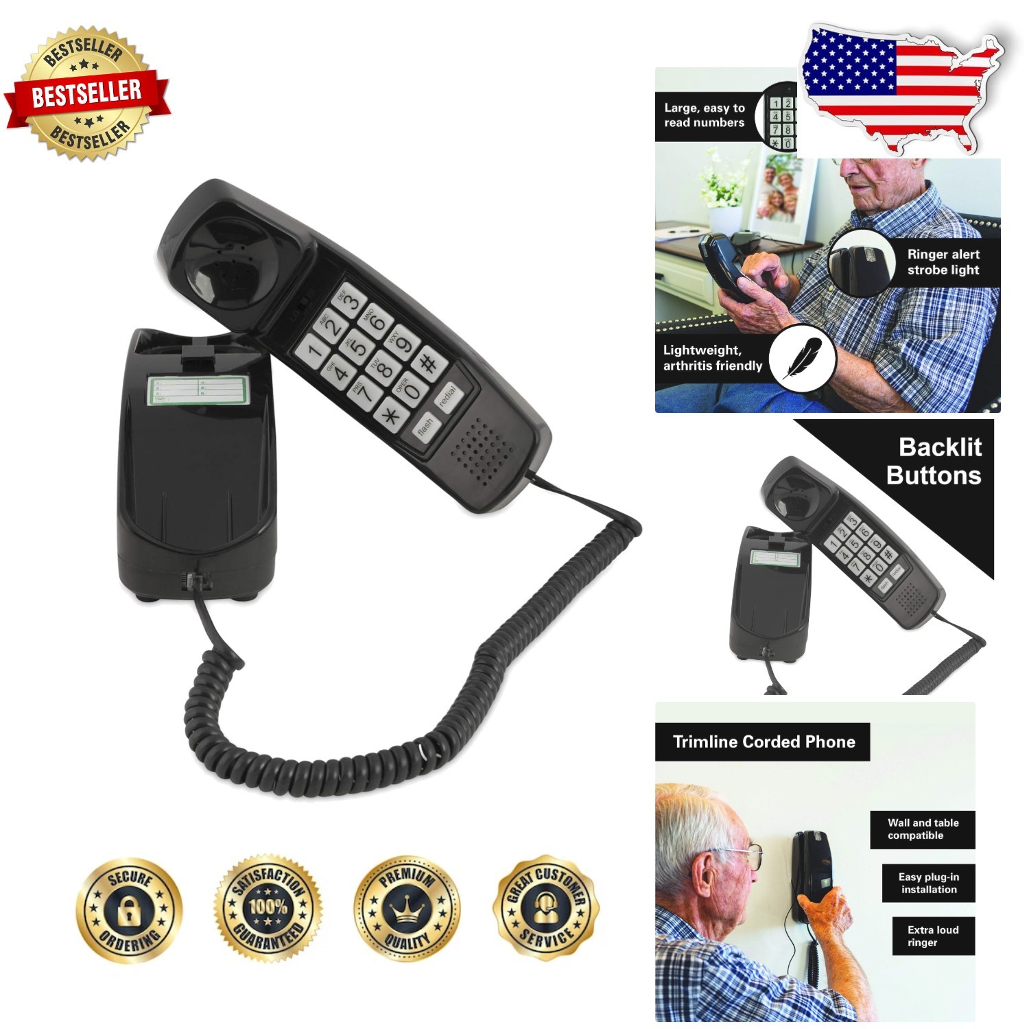 Corded Landline Phone for Seniors - iSoHo Big Button, Lighted Keypad, Black