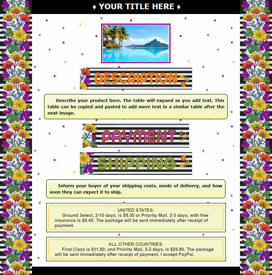 AUCTION TEMPLATE Tropical Flowers Border Design Purple Orange - Free Shipping