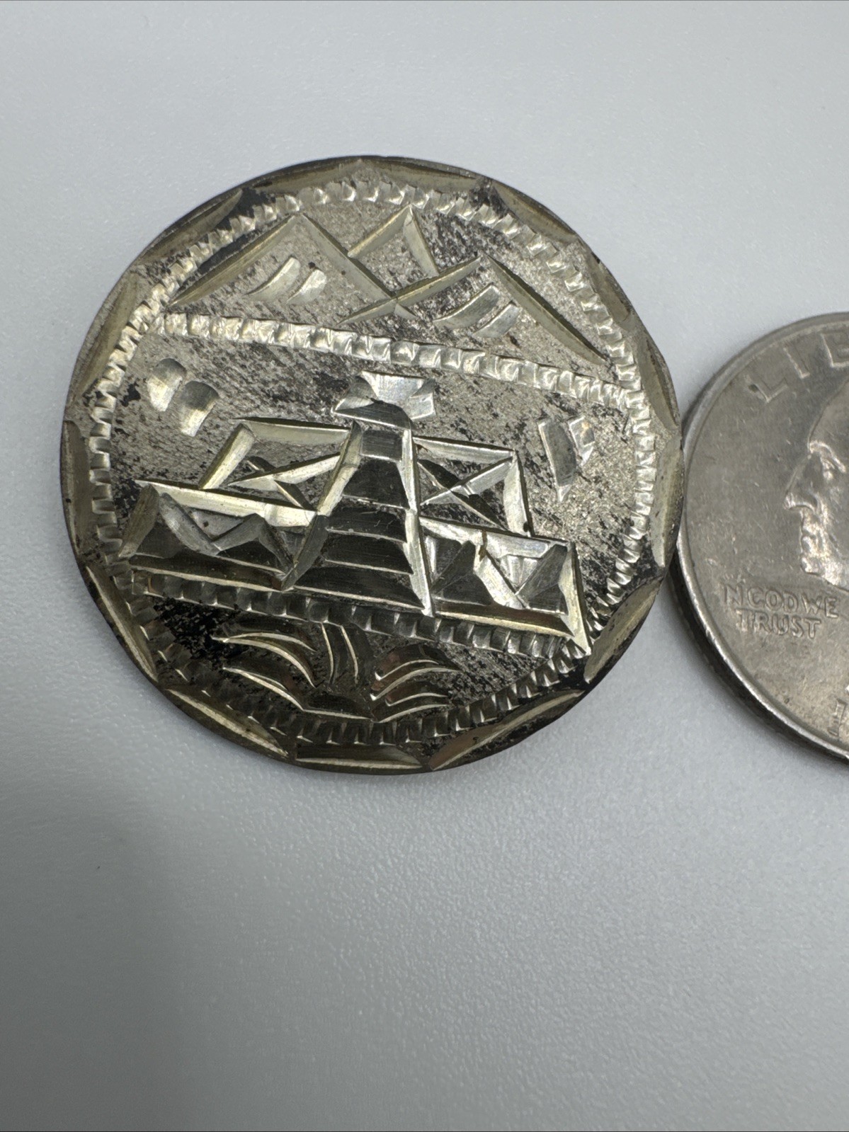 Sterling Silver Pendant Brooch  Mexican Pyramids Mountains  Diamond Cut Etched 