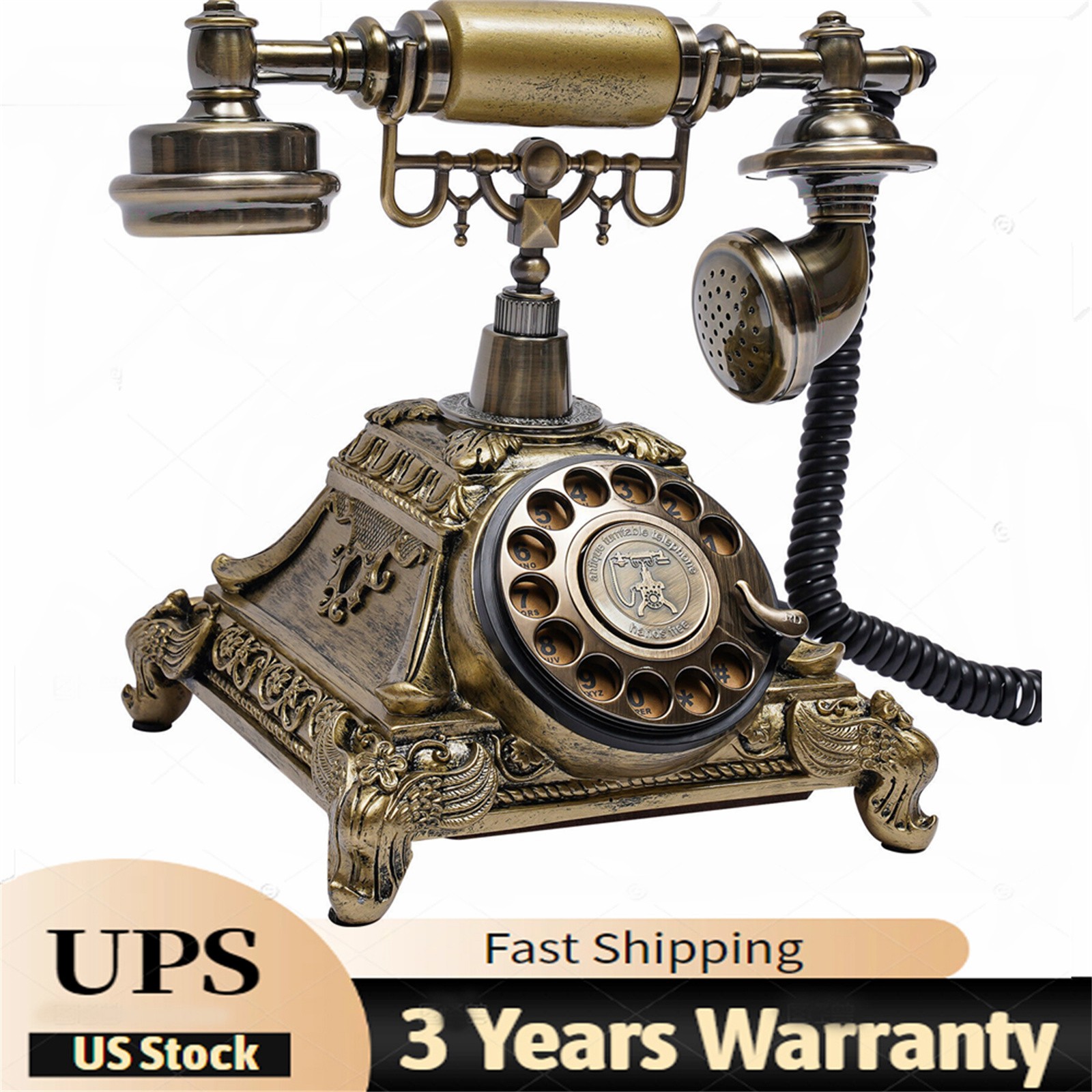 Antique Vintage Handset Old Telephone European Style Rotary Dial Phone Gold New