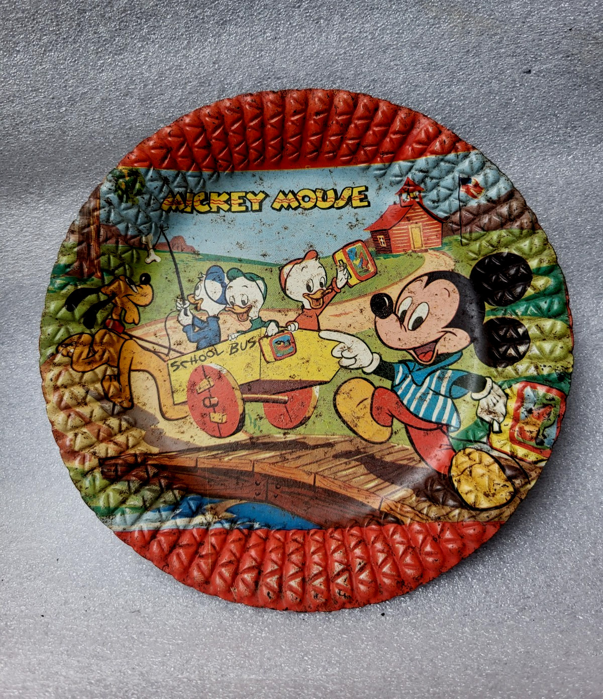 VINTAGE ADVERTISEMENT TIN LITHO TRAY PLATE MICKY MOUSE SCHOOL BUS COLLECTIBLE #