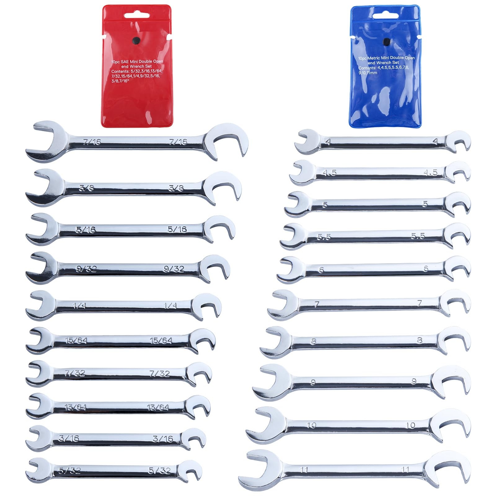 Super-Thin Mini Double Open End Wrench Set - 20-Piece SAE & Metric Sizes 4mm-