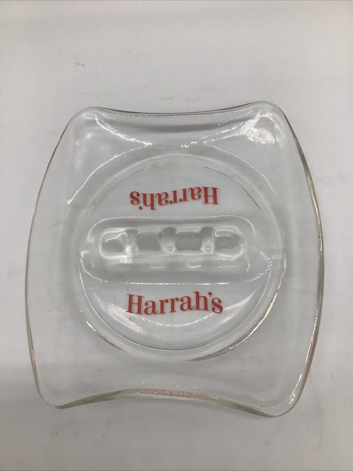 Vintage 5” Harrah's Clear With Red Lettering Ashtray Glass