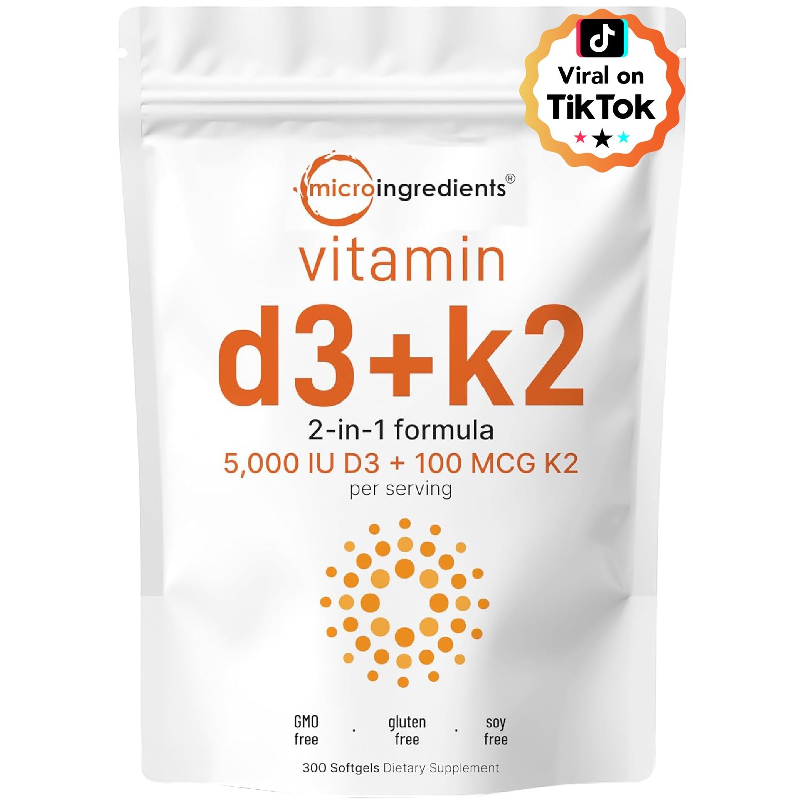 Micro Ingredients Vitamin D3 5,000 IU + K2 MK-7 100 300 Count (Pack of 1) 