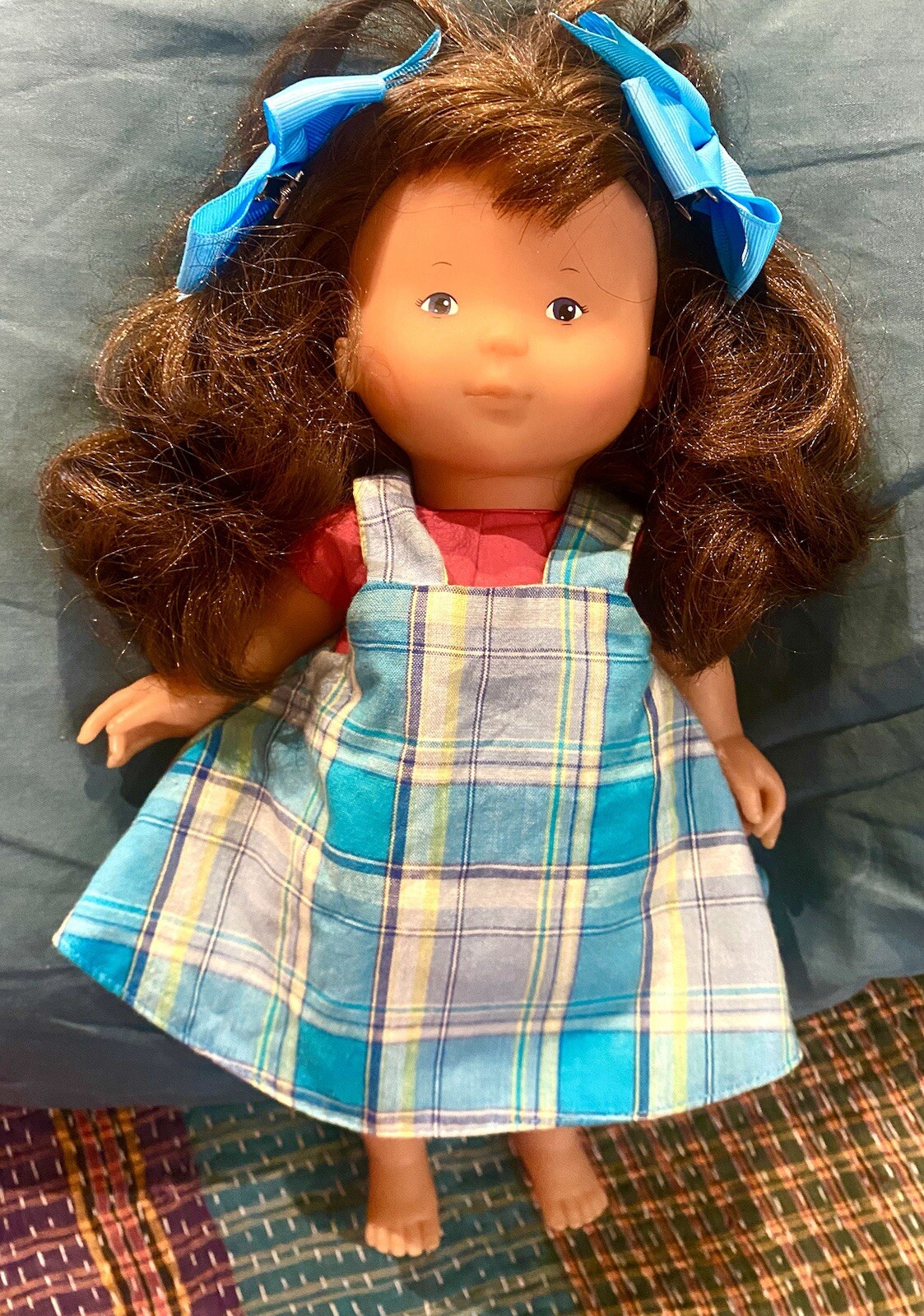 Vtg 2003 COROLLE Girl DOLL 12" Soft Body Brown Hair Original Plaid JUMPER   EUC