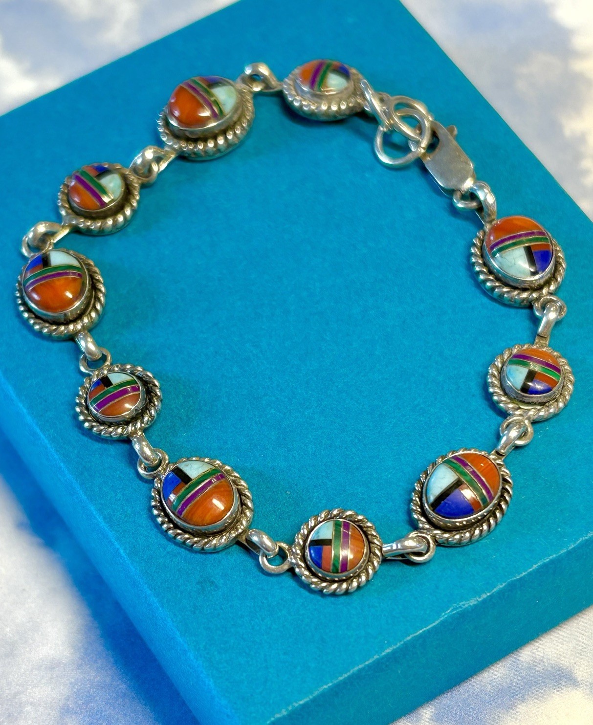 QT Carolyn Pollack Sterling Silver Turquoise Coral Lapis Inlay Sun God Bracelet