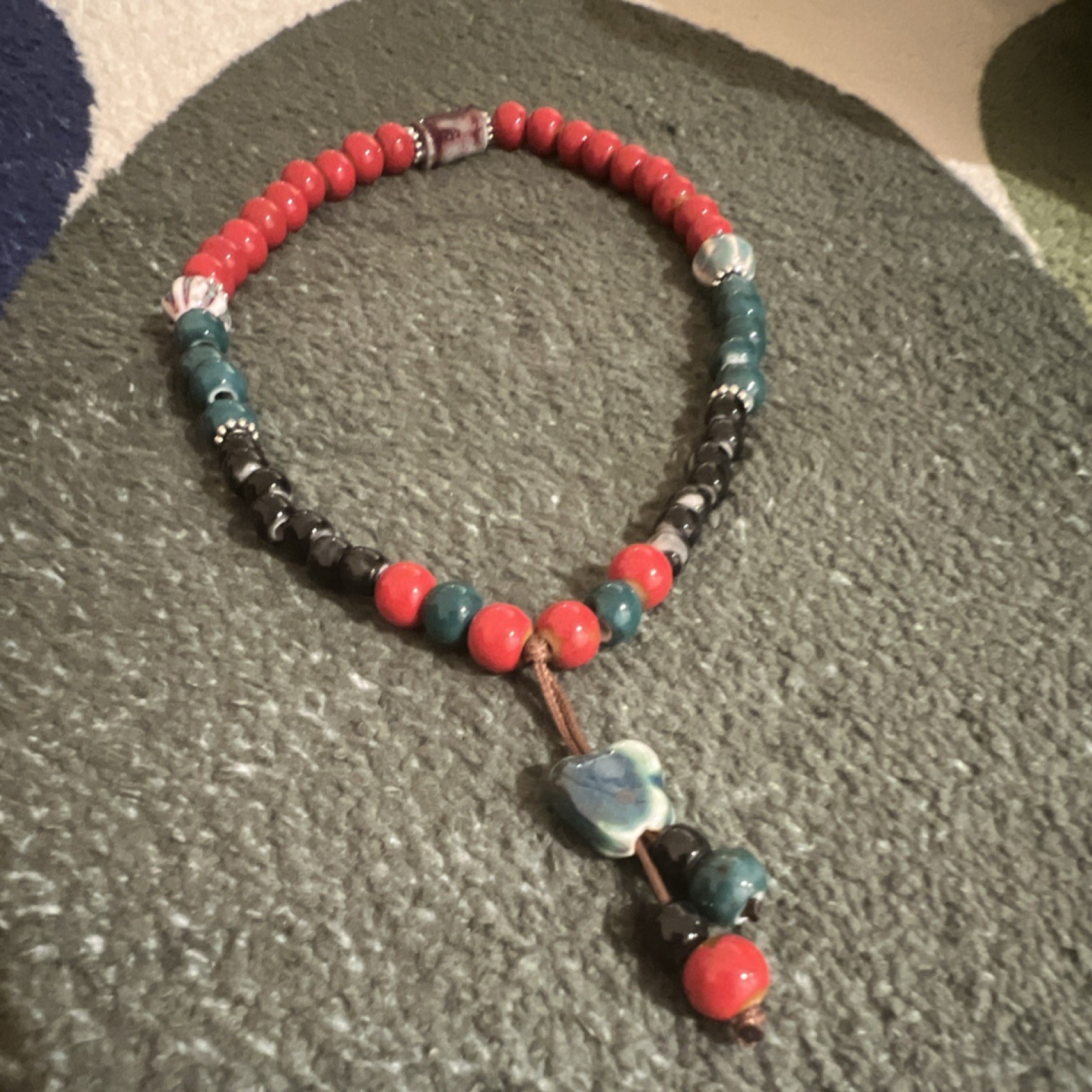Handcrafted Multicolor Beaded Necklace with Glass Stone Asymmetrical Pendant