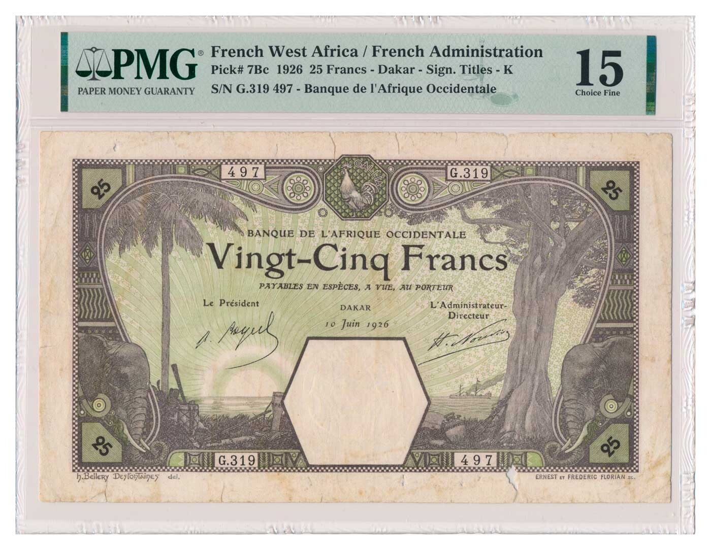 FRENCH WEST AFRICA banknote 25 Francs 1926 Dakar PMG F 15