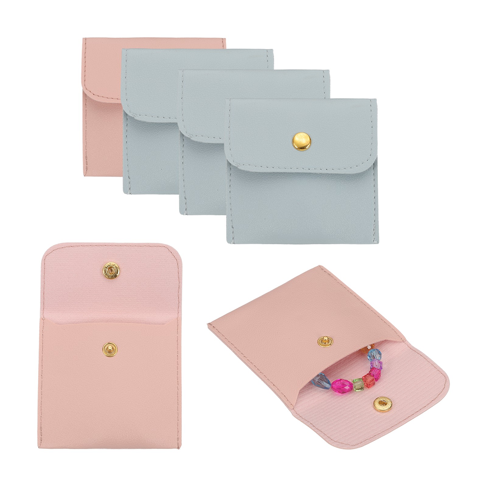PU Leather Jewelry Bag, 6Pcs Jewelry Pouch with Snap Button (Pink, Sky Blue)