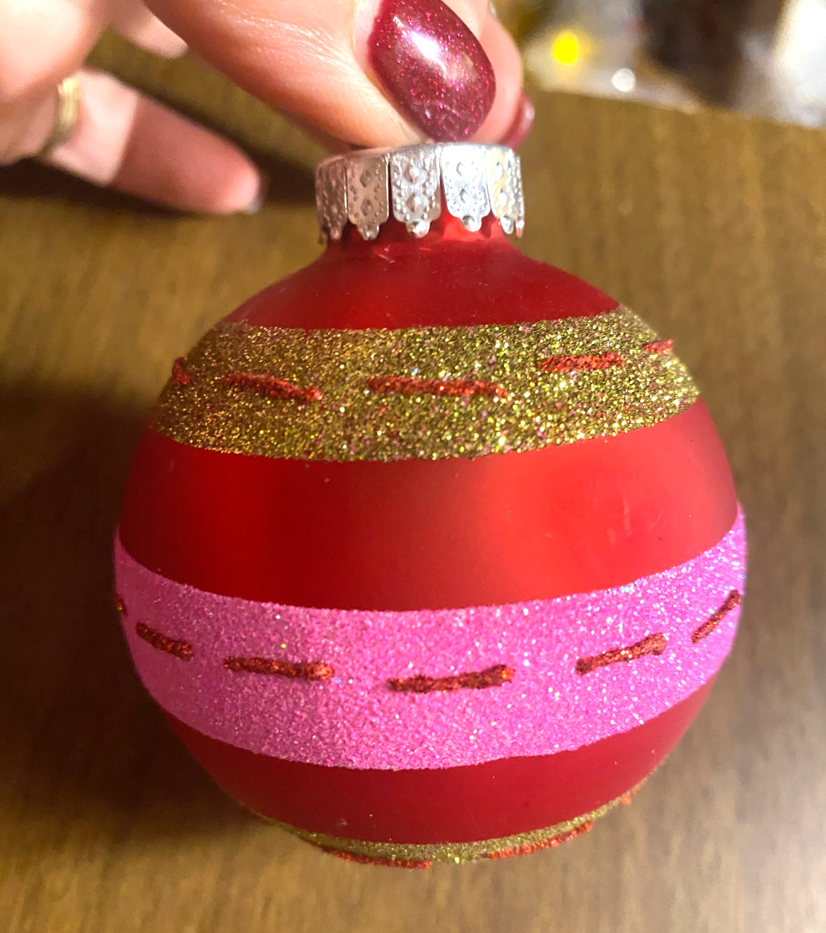 G&D Blown glass Pink Green Glitter on Red Ball Christmas Ornament 2 1/2"