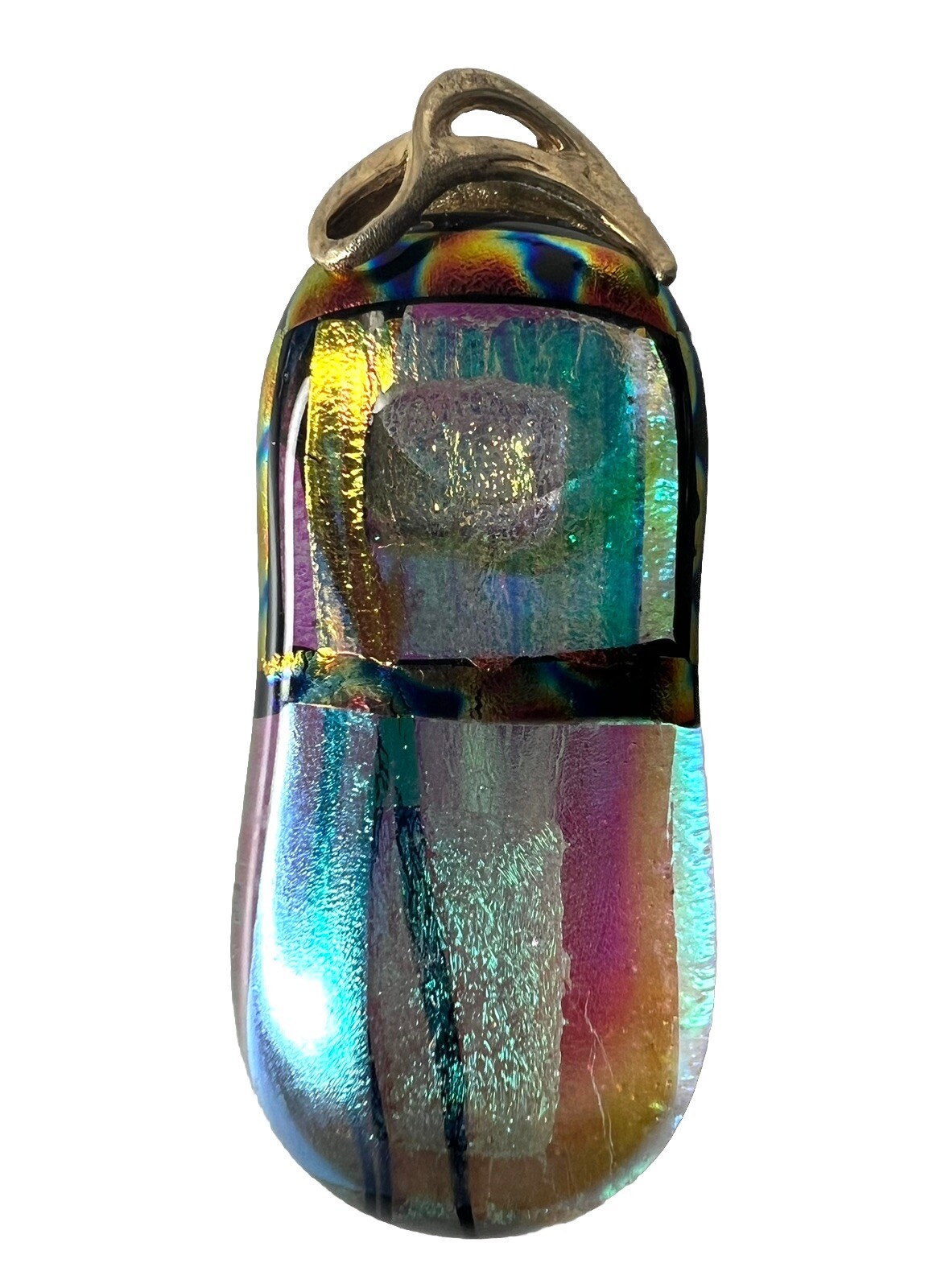 STERLING SILVER Artisan Dichroic Glass Blue Green Pink Pendant Beetle SIGNED 2”