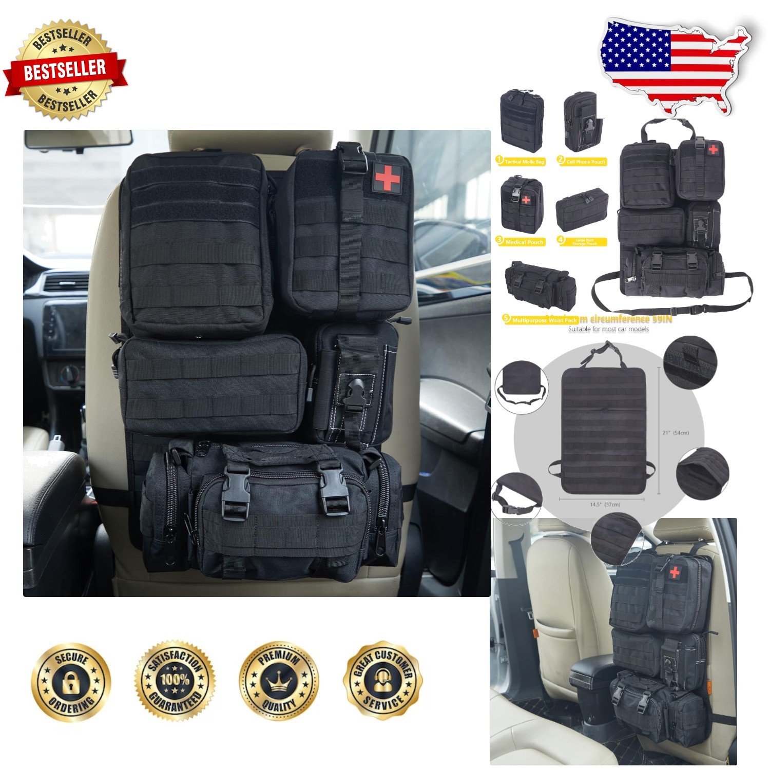 Expandable Truck SUV Molle Organizer Tactical Gear Storage with 5 Versatile Bags