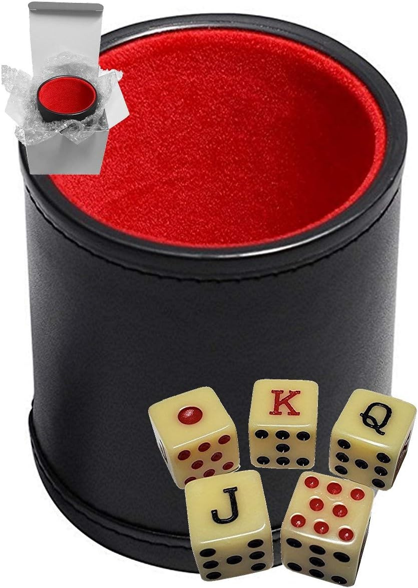 Cyber-Deals Set of Dice Cup Black PU Leather W/Plush Red Felt Lined + Spanish Po