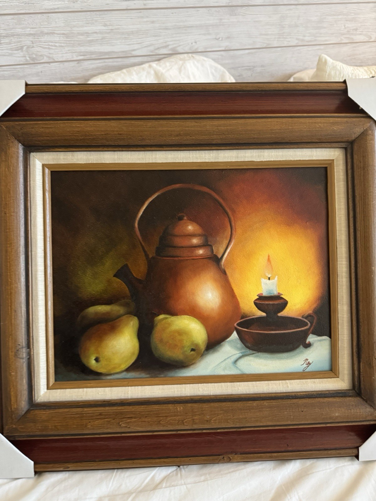 Vintage Original Still Life Oil Painting Teakettle Wood Frame Signed Wall Art