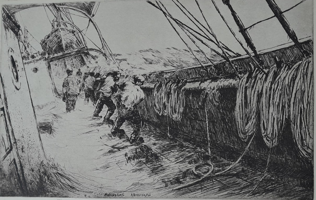 BRISCOE SAILING SHIP DECK HANDS ARTHUR 1930 LITHOGRAPHIC PRINT of Etching