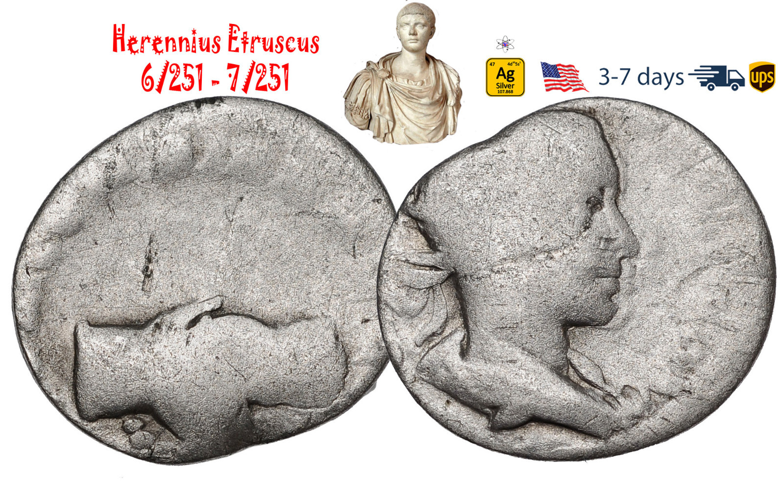 Ancient Roman Empire Coin Silver Antoninianus Herennius Etruscus 251 AD #31617