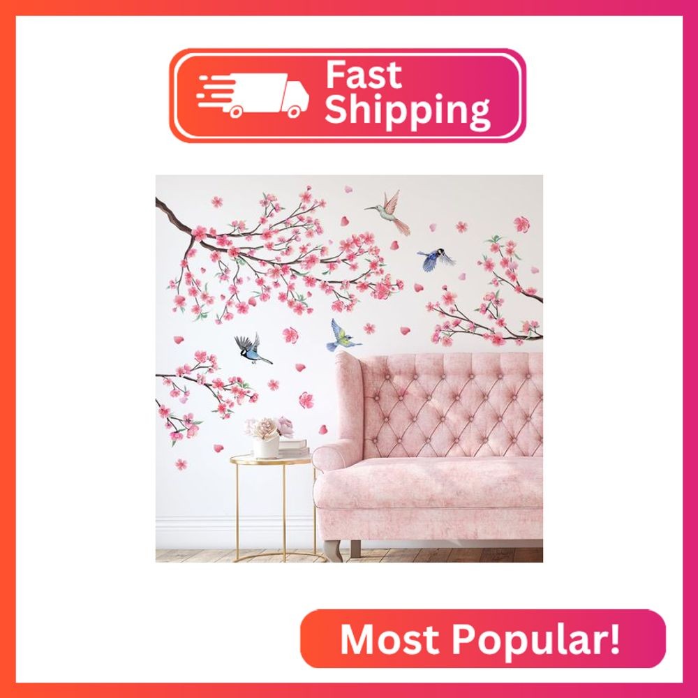 iMagitek Large Cherry Blossom Wall Stickers Pink Flowers Tree Branch Birds Flora