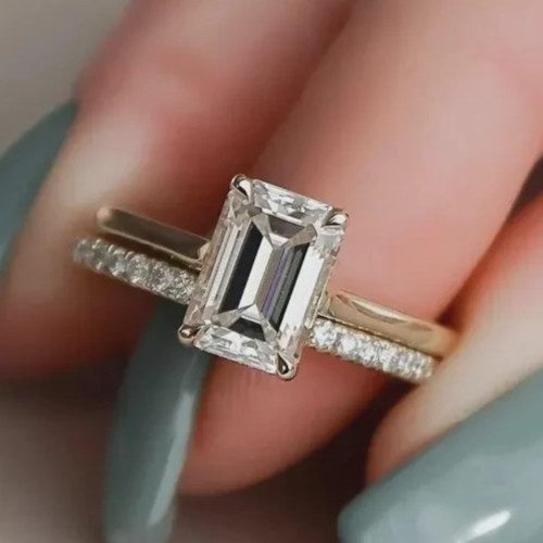 Women's Bridal Ring Set 2.2Ct Emerald Cut VVS1 Moissanite 14K Yellow Gold Plated