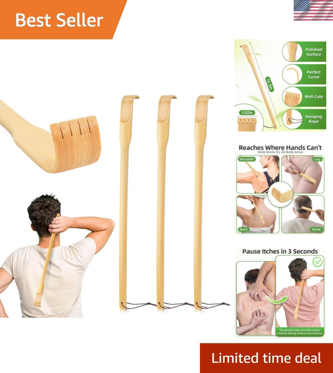 Back Scratcher, 3 Pieces 16.5" Strong Sturdy Self-Massager Therapeutic Bamboo...
