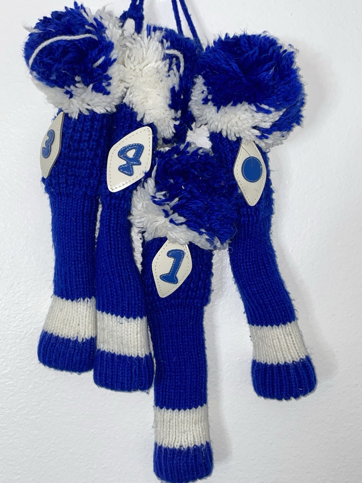 Lot of 4 Vintage Knitted Pom Pom Golf Headcovers 1,3,4,X Covers Knit  Blue Read