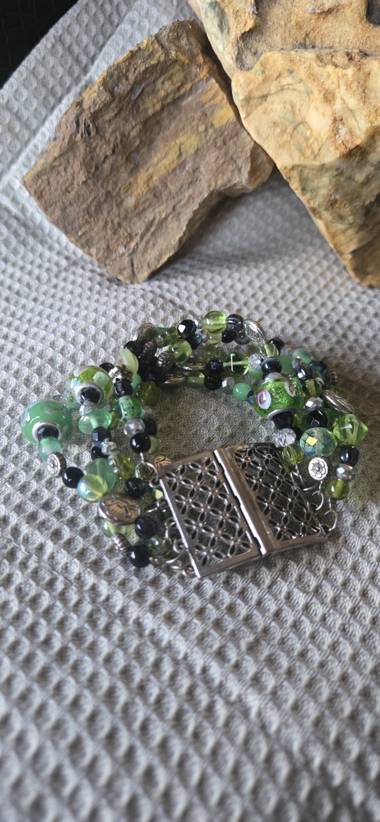 Green and Silver Multi Strand One Of A Kind Beaded Bracelet