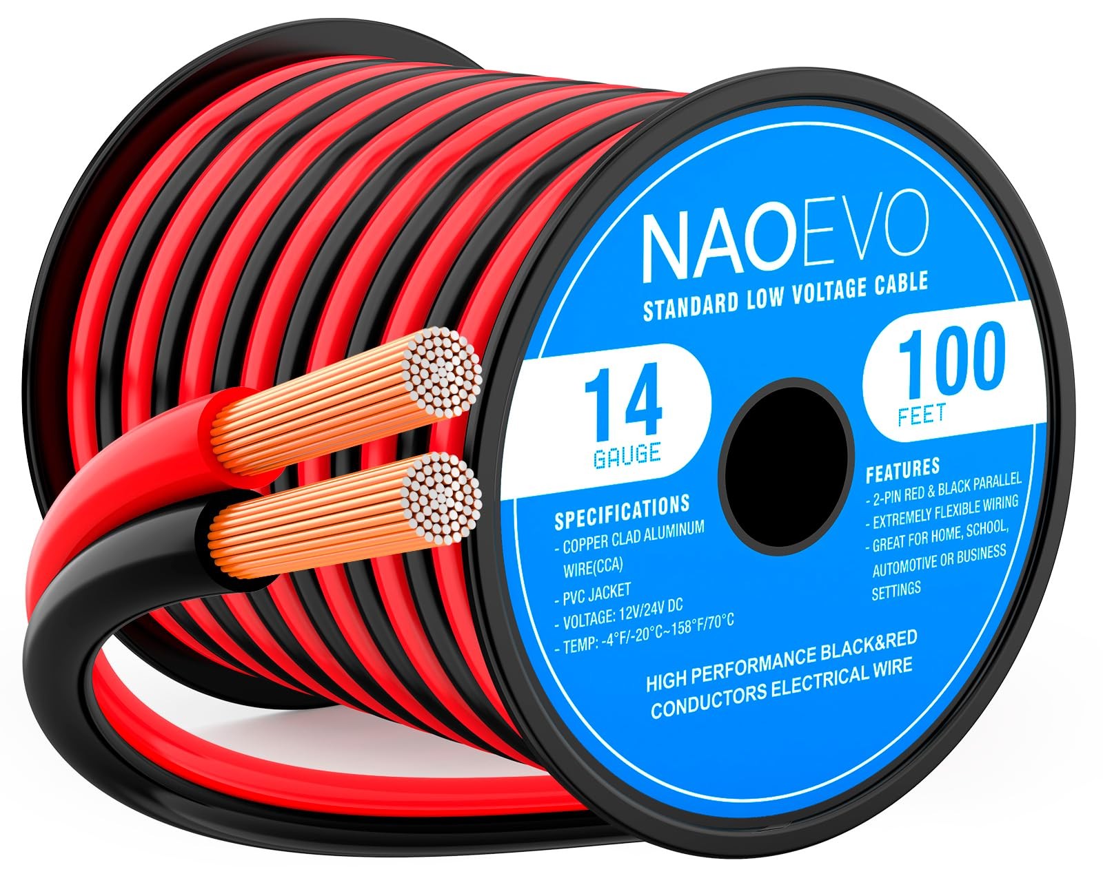 NAOEVO 14 Gauge Wire 100FT, 2 Conductors Electrical Wire Red Black Cable, Flexib