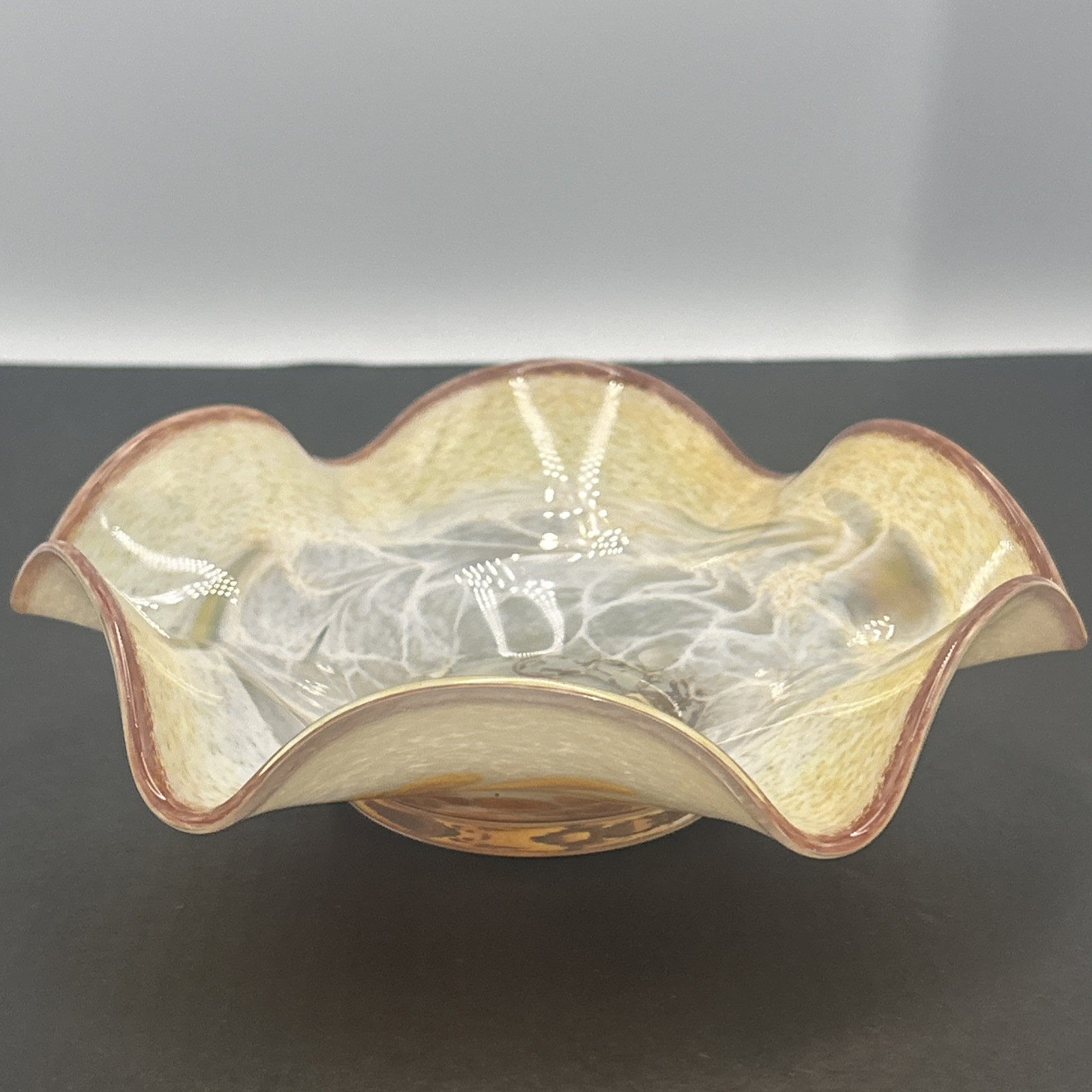 Beautiful Hand Blown Fluted Glass Bowl Speckled Flowing Design 2.5" High x 8.5"