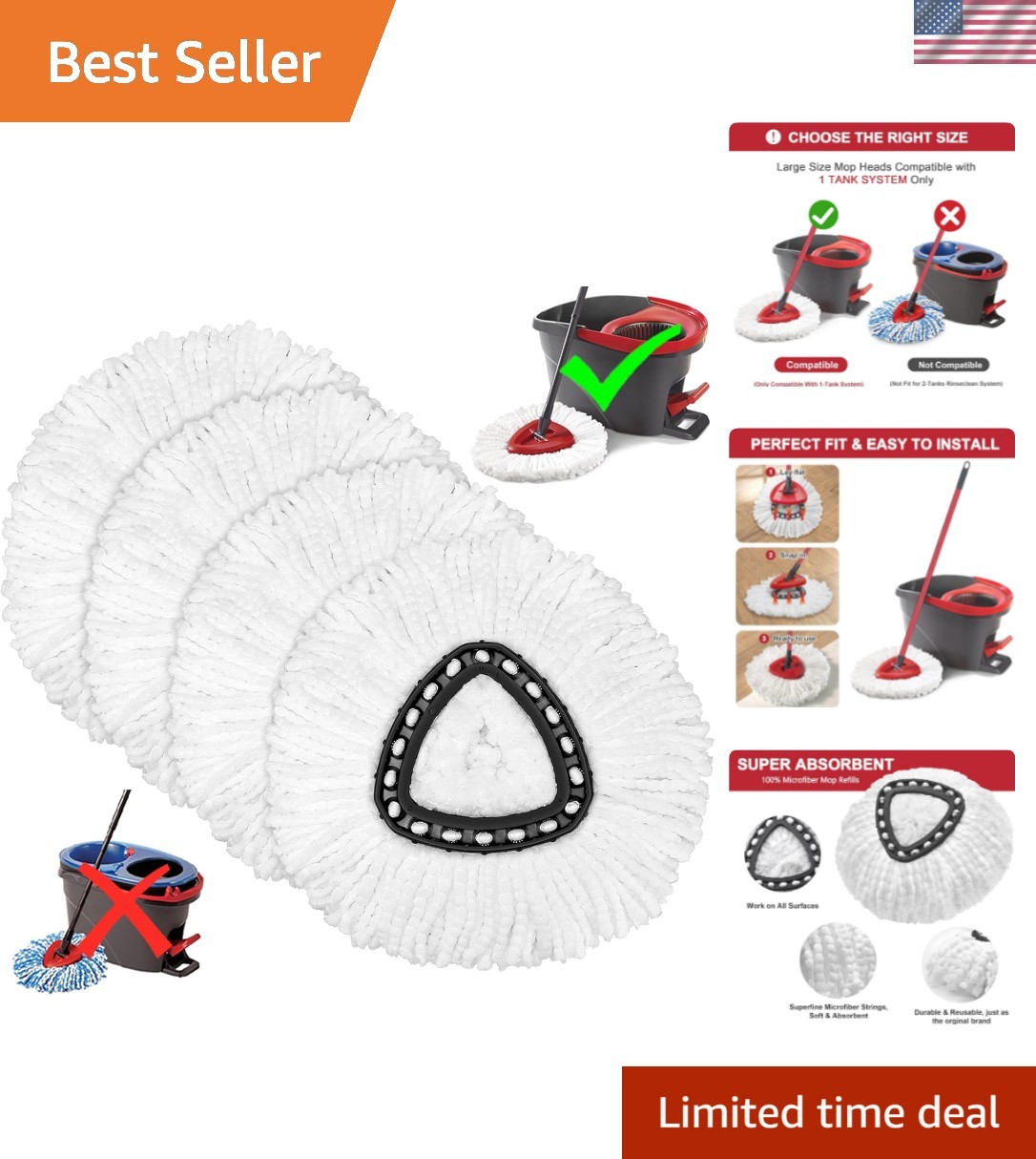 4 Pack Mop Heads Replacements for O-Ceda Easy Wrin Spin System, Microfiber Re...