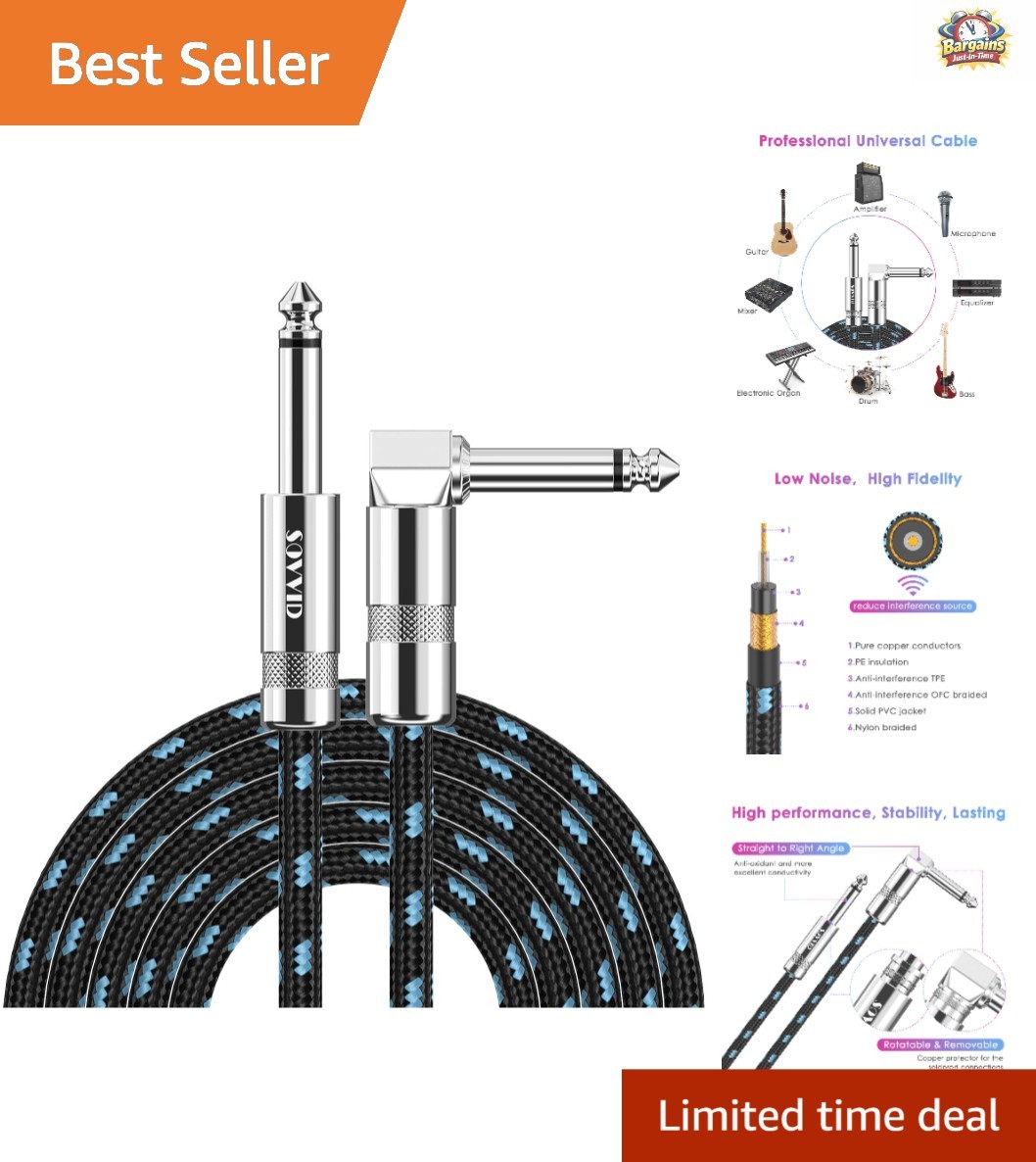 10FT Braided Instrument Cable for Electric Guitar & Bass - Right Angle Connector