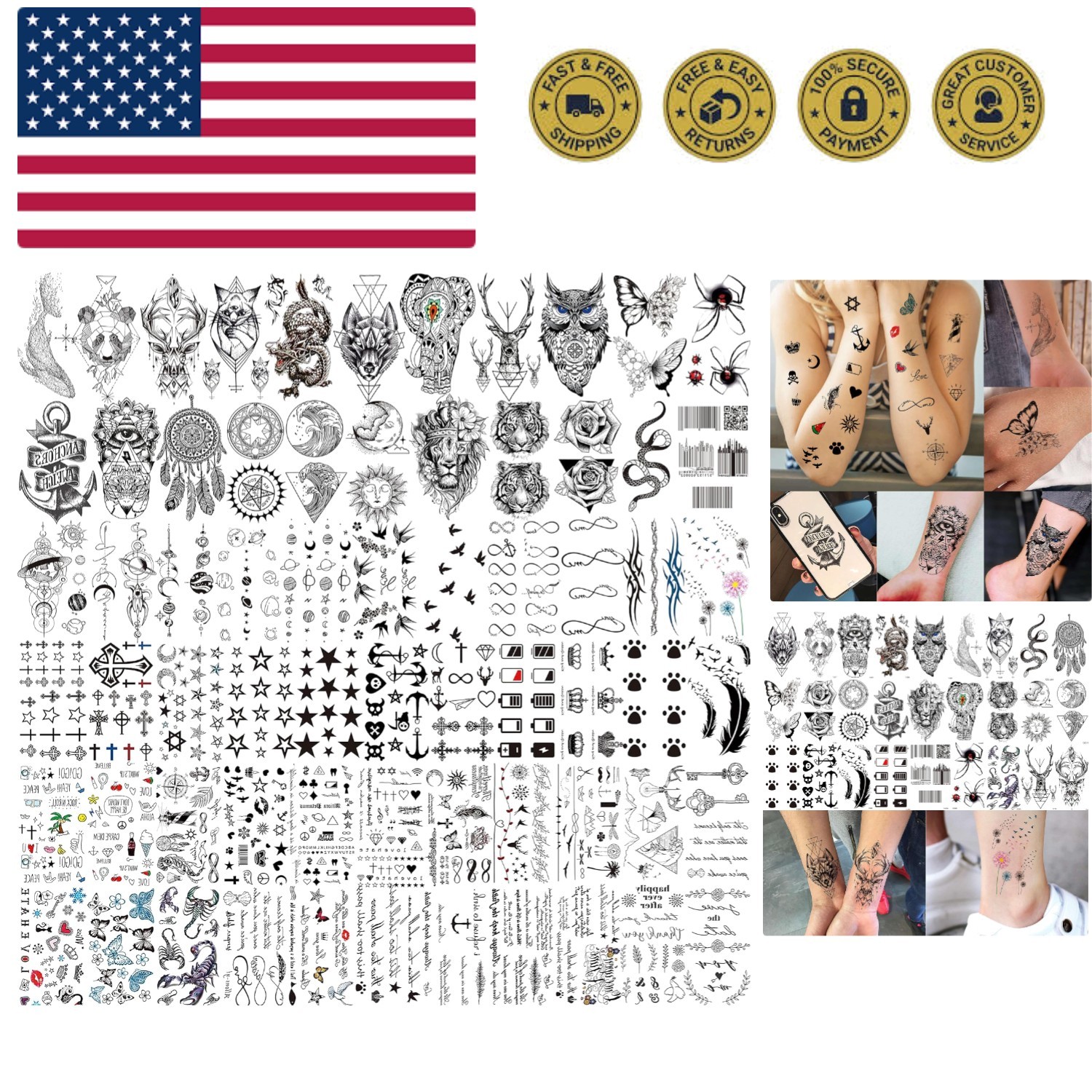 66 Sheets Small Black Animals Temporary Tattoos For Women Men Kids Finger Arm...