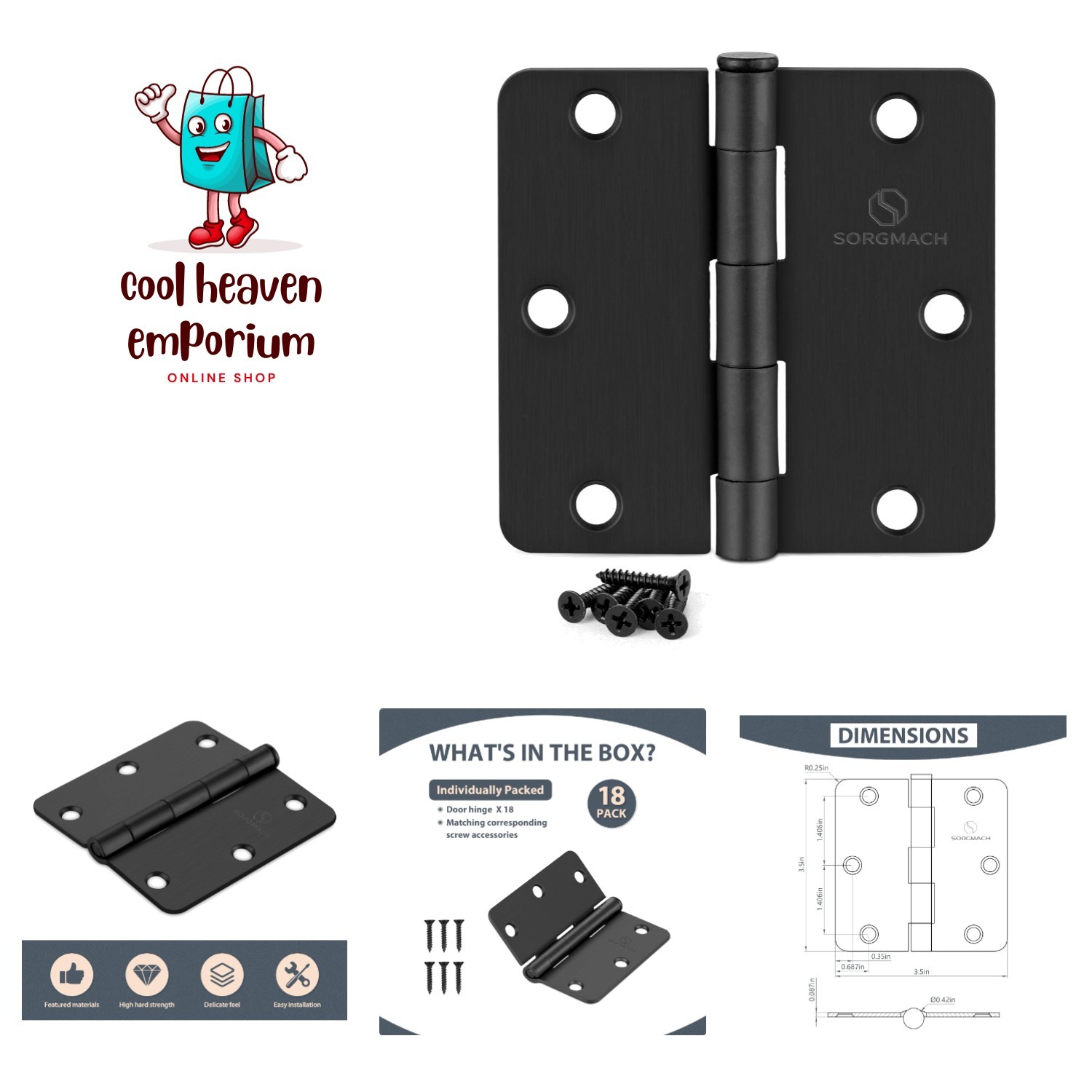 Durable Matte Black 3.5" Door Hinges - 18 Pack with Installation Screws Included