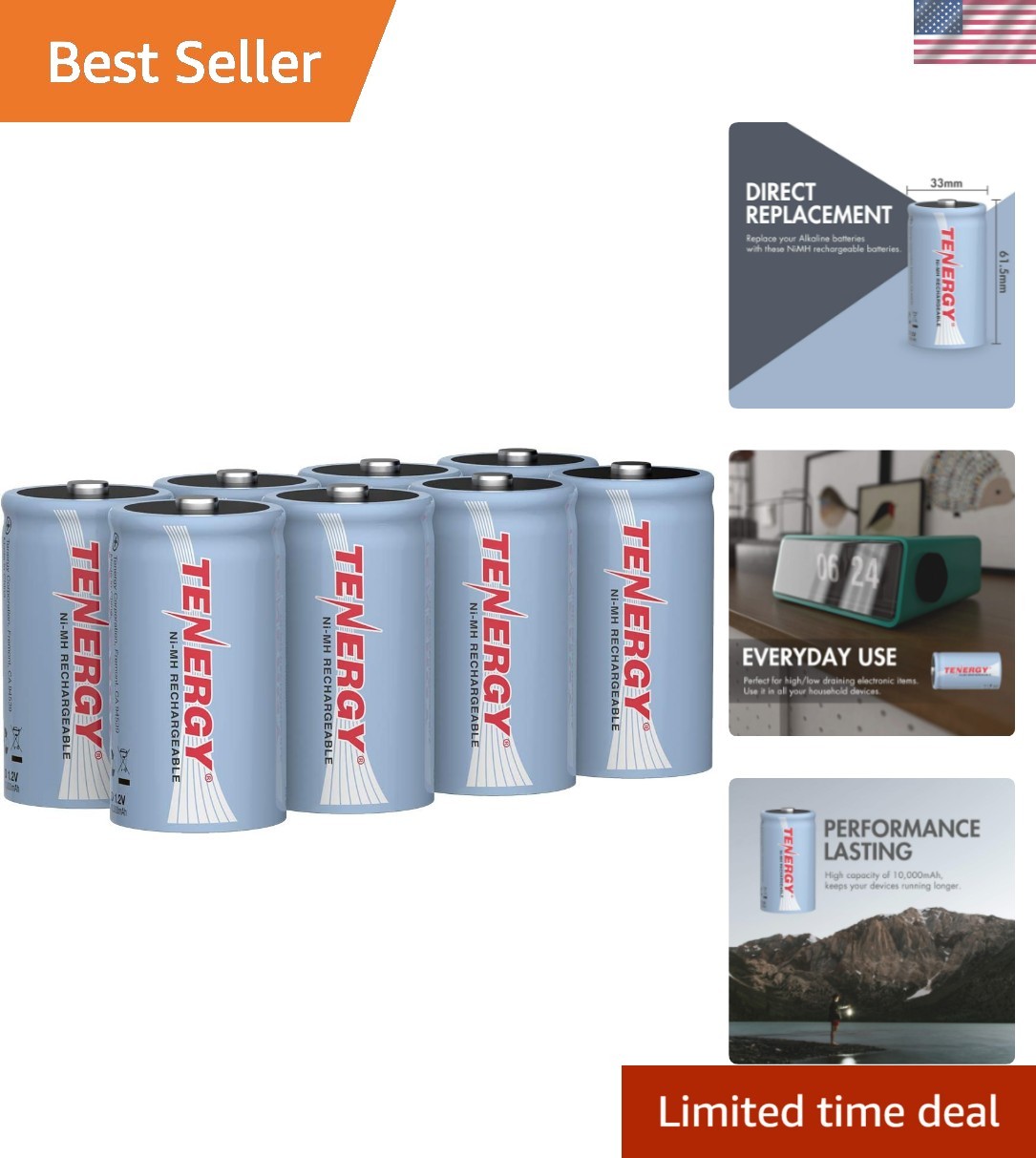 10000mAh NiMH D Battery, Rechargeable High Capacity D Size Battery, High Drai...