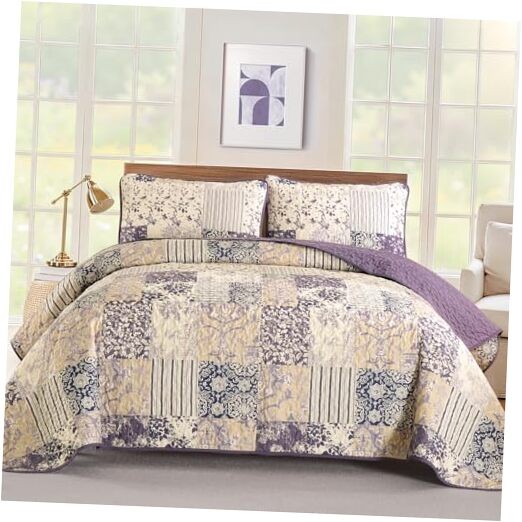  Quilt Set Size, Patchwork Pattern Spring Summer Bedspread Bedding King Purple