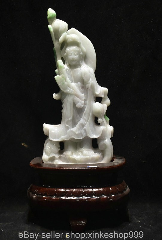 12" Chinese Natural Emerald Jade Jadeite Carving Kwan-yin Guan Yin sculpture