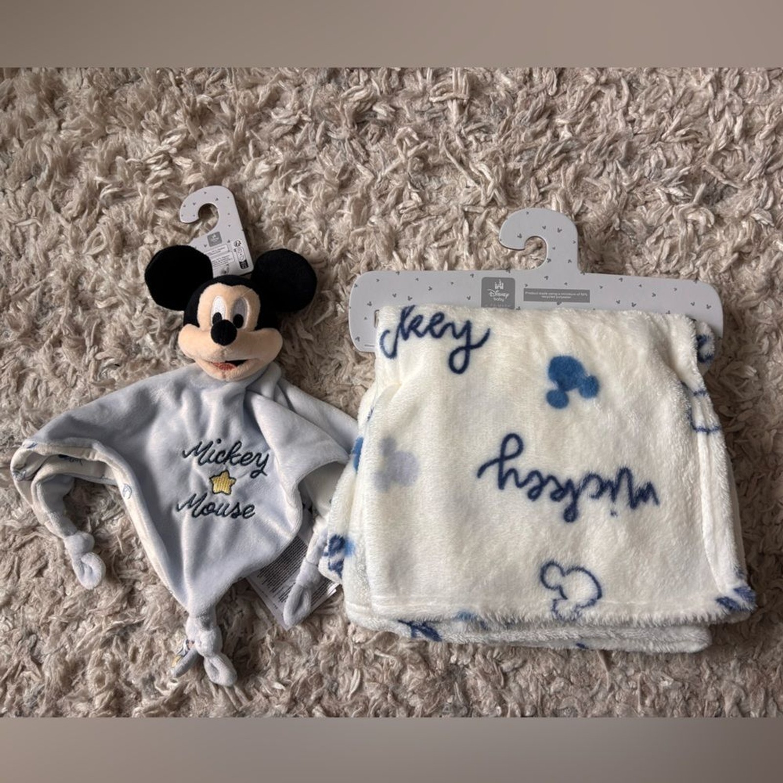 Disney Mickey Mouse Blue and White Baby Blanket and Mickey Mouse Lovie Plush NEW
